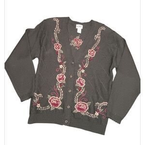 Vintage Koret Sweater Womens large Green Wool Blend Flowers Embroidered Cardigan